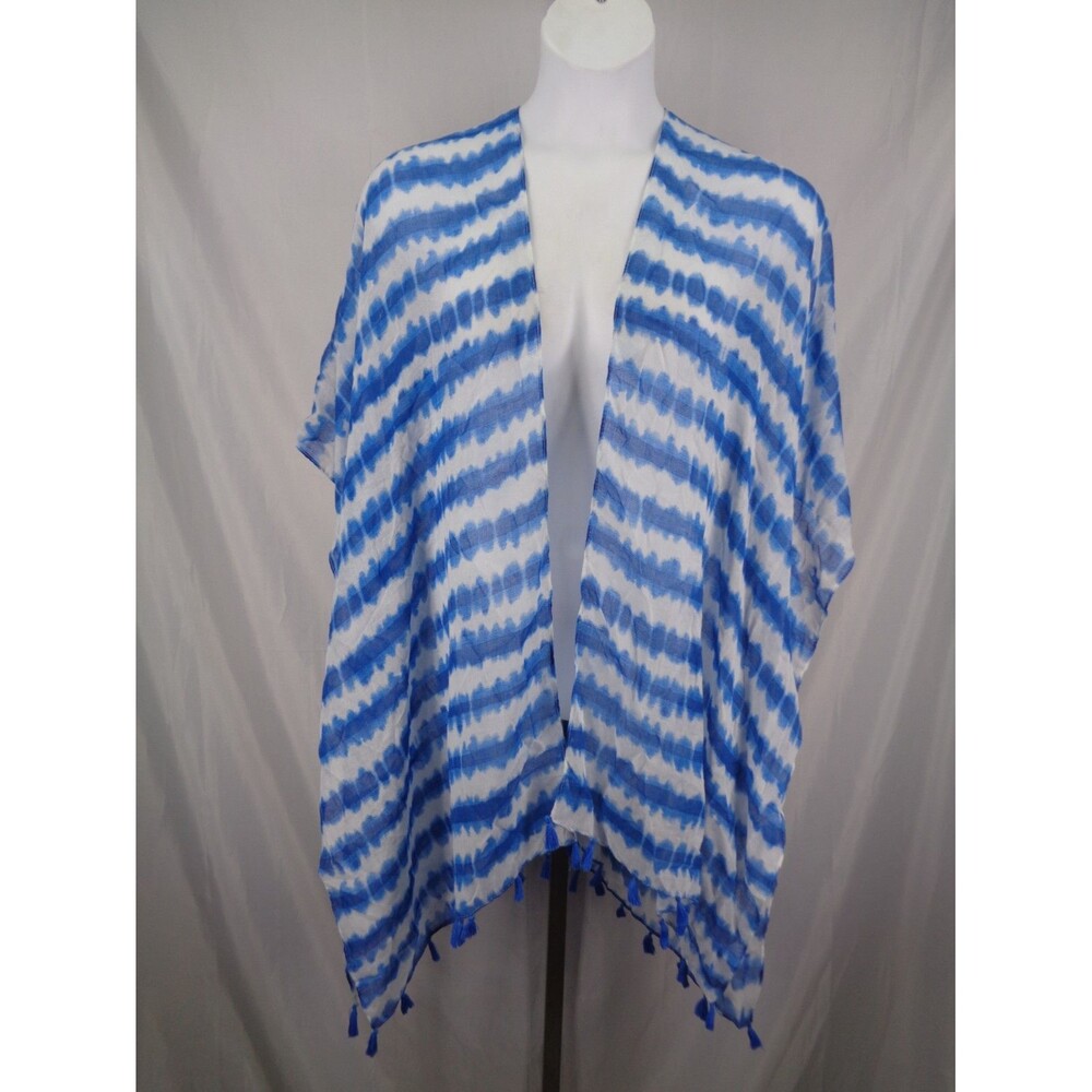 Lane Bryant Blue Stripe Kimono One Size Tassel Sheer Lightweight Open Front New